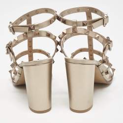 Pre Owned Valentino Metallic Beige Leather Rockstud Ankle Strap Sandals Size 38