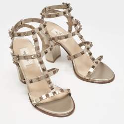 Pre Owned Valentino Metallic Beige Leather Rockstud Ankle Strap Sandals Size 38