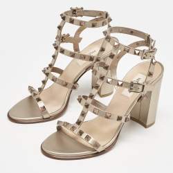 Pre Owned Valentino Metallic Beige Leather Rockstud Ankle Strap Sandals Size 38