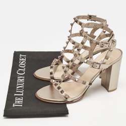 Pre Owned Valentino Metallic Beige Leather Rockstud Ankle Strap Sandals Size 38