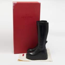 مملوكة مسبقًا Valentino Black Leather Uniqueform Knee Length Boots Size 37.5