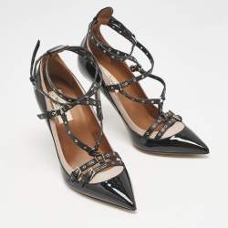 Valentino Black/Pink Patent and Leather Grommet Studded Love Latch Pumps Size 37