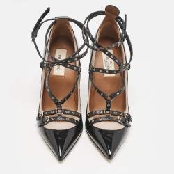 Valentino Black/Pink Patent and Leather Grommet Studded Love Latch Pumps Size 37