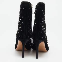 Valentino Black Quilted Velvet Rockstud Pointed Toe Ankle Length Boots Size 37