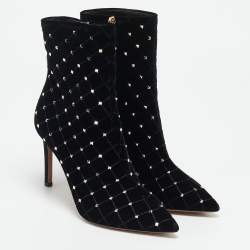 Valentino Black Quilted Velvet Rockstud Pointed Toe Ankle Length Boots Size 37
