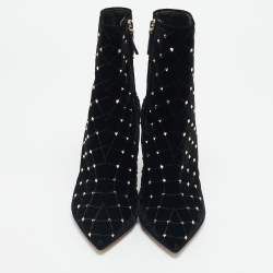 Valentino Black Quilted Velvet Rockstud Pointed Toe Ankle Length Boots Size 37
