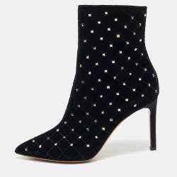 Valentino Black Quilted Velvet Rockstud Pointed Toe Ankle Length Boots Size 37