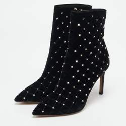 Valentino Black Quilted Velvet Rockstud Pointed Toe Ankle Length Boots Size 37