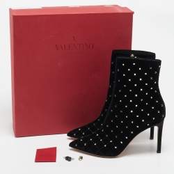 Valentino Black Quilted Velvet Rockstud Pointed Toe Ankle Length Boots Size 37