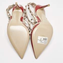 Valentino Red/Beige Patent Leather Rockstud Caged Ankle Strap Pumps Size 37