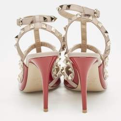 Valentino Red/Beige Patent Leather Rockstud Caged Ankle Strap Pumps Size 37