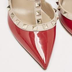 Valentino Red/Beige Patent Leather Rockstud Caged Ankle Strap Pumps Size 37
