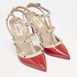 Valentino Red/Beige Patent Leather Rockstud Caged Ankle Strap Pumps Size 37
