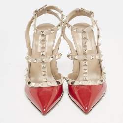 Valentino Red/Beige Patent Leather Rockstud Caged Ankle Strap Pumps Size 37