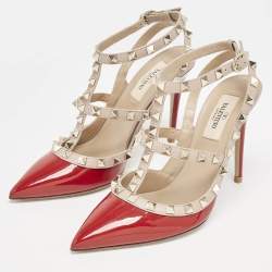 Valentino Red/Beige Patent Leather Rockstud Caged Ankle Strap Pumps Size 37