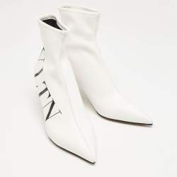 Pre Owned Valentino White Leather VLTN Sock Ankle Length Boots Size 37