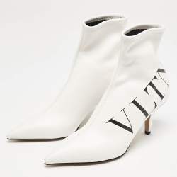 Pre Owned Valentino White Leather VLTN Sock Ankle Length Boots Size 37