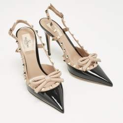 Valentino Black/Beige Patent Leather Rockstud Bow Slingback Pumps Size 37.5