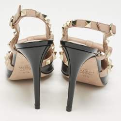 Valentino Black/Beige Patent Leather Rockstud Bow Slingback Pumps Size 37.5