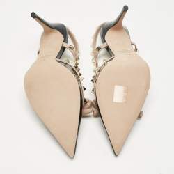 Valentino Black/Beige Patent Leather Rockstud Bow Slingback Pumps Size 37.5