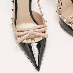 Valentino Black/Beige Patent Leather Rockstud Bow Slingback Pumps Size 37.5
