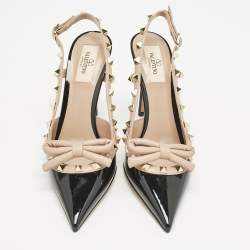 Valentino Black/Beige Patent Leather Rockstud Bow Slingback Pumps Size 37.5