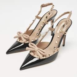 Valentino Black/Beige Patent Leather Rockstud Bow Slingback Pumps Size 37.5