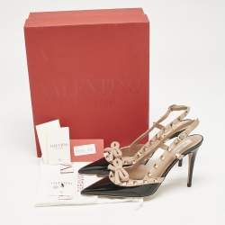 Valentino Black/Beige Patent Leather Rockstud Bow Slingback Pumps Size 37.5