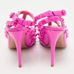 Pre Owned Valentino Fuchsia Pink Patent Leather Rockstud Caged Ankle Strap Pumps Size 41