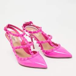 Pre Owned Valentino Fuchsia Pink Patent Leather Rockstud Caged Ankle Strap Pumps Size 41