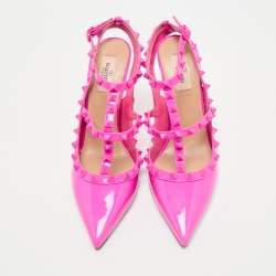 Pre Owned Valentino Fuchsia Pink Patent Leather Rockstud Caged Ankle Strap Pumps Size 41