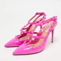 Pre Owned Valentino Fuchsia Pink Patent Leather Rockstud Caged Ankle Strap Pumps Size 41