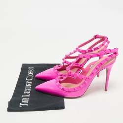 Pre Owned Valentino Fuchsia Pink Patent Leather Rockstud Caged Ankle Strap Pumps Size 41