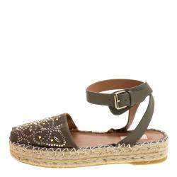 Pre Owned Valentino Army Green Embellished Suede and Leather Ankle Strap Espadrilles Size 40