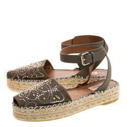 Pre Owned Valentino Army Green Embellished Suede and Leather Ankle Strap Espadrilles Size 40