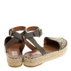 Pre Owned Valentino Army Green Embellished Suede and Leather Ankle Strap Espadrilles Size 40