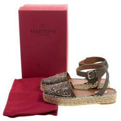 Pre Owned Valentino Army Green Embellished Suede and Leather Ankle Strap Espadrilles Size 40