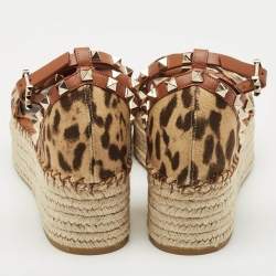 Valentino Beige Leopard Print Canvas Rockstud Espadrille Platform Sandals Size 39