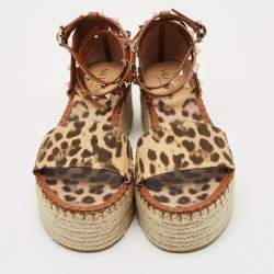 Valentino Beige Leopard Print Canvas Rockstud Espadrille Platform Sandals Size 39