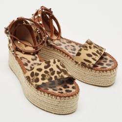 Valentino Beige Leopard Print Canvas Rockstud Espadrille Platform Sandals Size 39