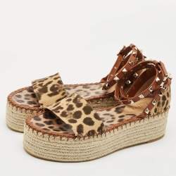 Valentino Beige Leopard Print Canvas Rockstud Espadrille Platform Sandals Size 39