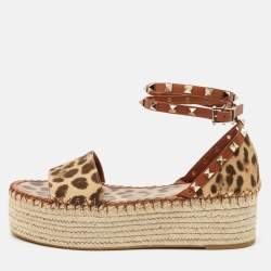 Valentino Beige Leopard Print Canvas Rockstud Espadrille Platform Sandals Size 39