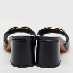 Pre Owned Valentino Black Leather VLogo Mule Sandals Size 37