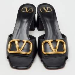 Pre Owned Valentino Black Leather VLogo Mule Sandals Size 37