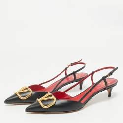 Valentino Black Leather Escape V logo Slingback Pumps Size 38