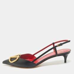 Valentino Black Leather Escape V logo Slingback Pumps Size 38