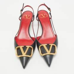 Valentino Black Leather Escape V logo Slingback Pumps Size 38