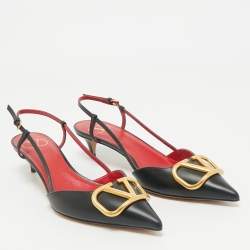 Valentino Black Leather Escape V logo Slingback Pumps Size 38