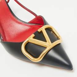 Valentino Black Leather Escape V logo Slingback Pumps Size 38