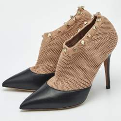 Pre Owned Valentino Beige/Black Leather and Knit Fabric Rockstud Ankle Length Boots Size 37